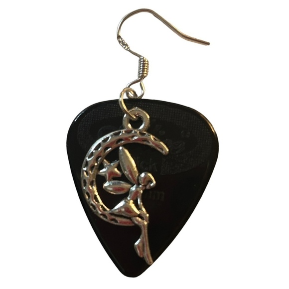 Repurposed Guitar Pick Earrings Hand Crafted Fairy on Midnight Moon - Picture 4 of 8